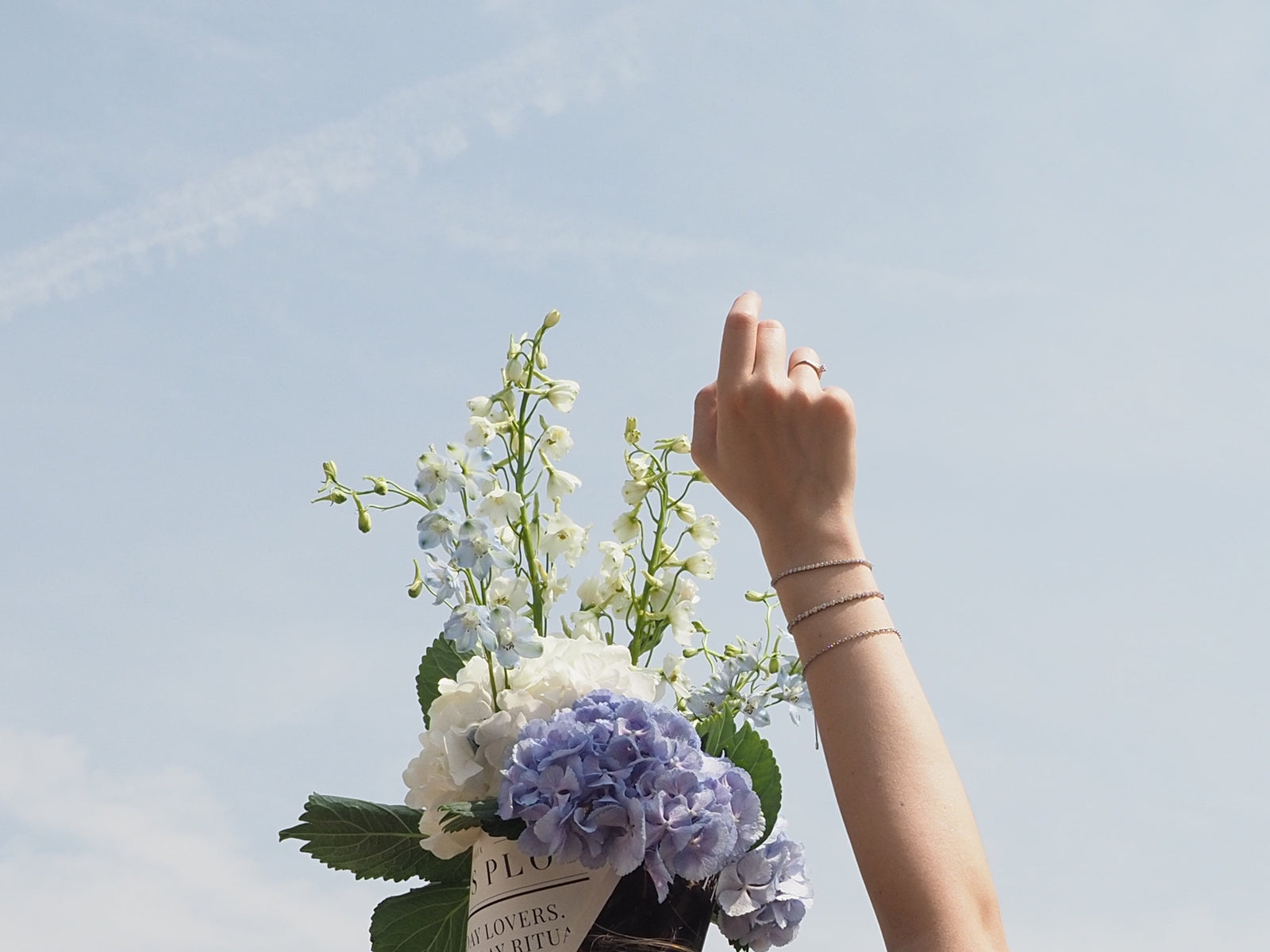 Hand holding a bouquet of white and blue hydrangeas with a Sundays Plot newspaper against the sky